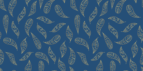 Gold feather leaf hand drawn seamless pattern vector