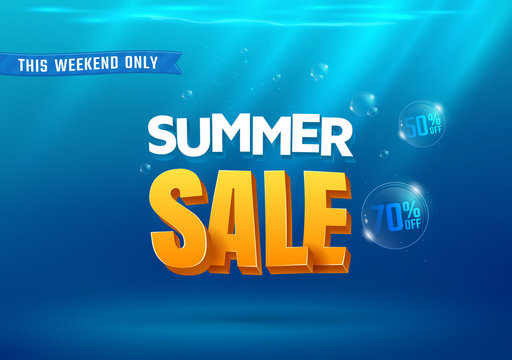 Summer sale banner with 3d lettering in Sea underwater background.