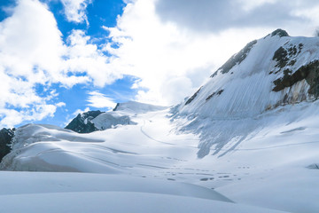 Berelskoe sedlo. View to the Belukha Mountain glaciers. Belukha Mountain area. Altai, Russia.