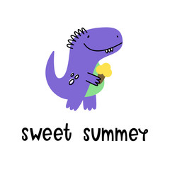 Sweet summer. Vector illustration of dinosaur with ice cream. Cartoon style.