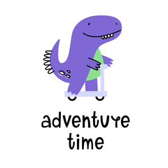 Adventure time. Vector illustration of a dinosaur on a scooter. Cartoon style.