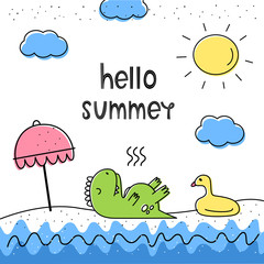 Hello summer. Vector illustration with a dinosaur on the beach and a duck swimming circle. Cartoon style, flat.