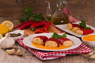 Fototapeta na wymiar Stuffed piquillo peppers with cod. 