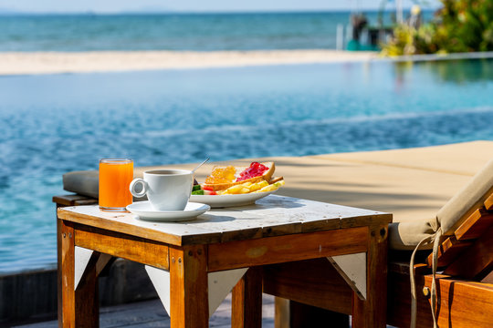 Healthy breakfast at the luxury resort with sea background