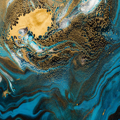 Acrylic Fluid Art. Blue sapphire waves and gold spots curls. Abstract marble background or texture