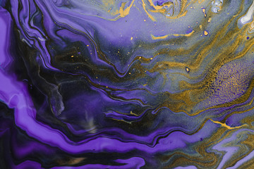 Acrylic Fluid Art. Ultraviolet waves and gold inclusion. Abstract marble background or texture