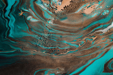 Fluid Art. Abstract marble background or texture. Turquoise waves andbronze spots inclusions