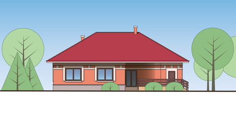 Architectural facade of a house on the land. View of single-storey cottage. Vector realistic illustration.