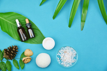 Cosmetic bottle containers on green herbal leaves background, Blank label for branding mock-up,...