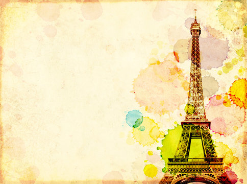 Grunge background with old paper texture, stains of paint and Eiffel Tower