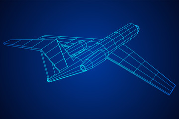 Private Jet Plane Abstract polygonal wireframe business luxury twin engine airplane. Travel aircraft, tourism and vacation concept. Wireframe low poly mesh vector illustration