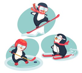 Naklejka premium active penguins in winter concept