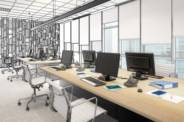 Computer Workplace Inside a Business Center (draft) - 3d illustration