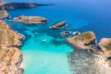 Aerial view from the height of the heavenly Blue Lagoon on the island of Comino Malta - obrazy, fototapety, plakaty