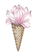  Watercolor illustration of floral ice cream. Unusual ice cream. Flower sweets.