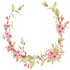 Sakura flowers watercolor illustration. Blossom petal wreath 