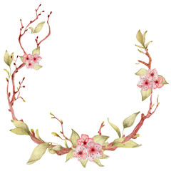 Fototapeta na wymiar Sakura flowers watercolor illustration. Blossom petal wreath 