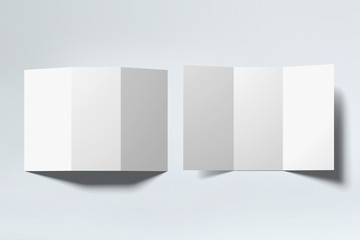 Blank white tri folded booklets mock ups set, opened top view. Plain trifold brochures mock ups set isolated.