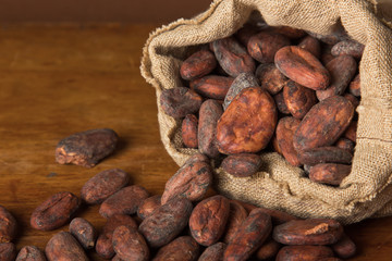 Cacao beans on wooden bacground.