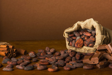 Cocoa beans, chocolate and cinnamon on a wooden background