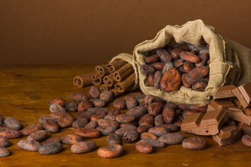 Cocoa beans, chocolate and cinnamon on a wooden background