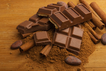 Cocoa beans, chocolate, cocoa powder and cinnamon on a wooden background