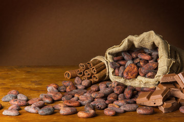 Cocoa beans and cinnamon on wooden background