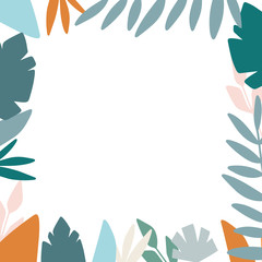 Fototapeta na wymiar Botanic plants, exotic leaves background with copy space. Summer tropical banner with trendy hand drawn jungle leaves.