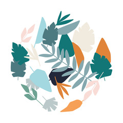 Exotic leaves arranged in circle vector print.