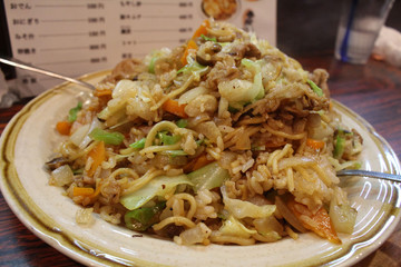 Japanese fried rice or soba meshi served at traditional izakaya