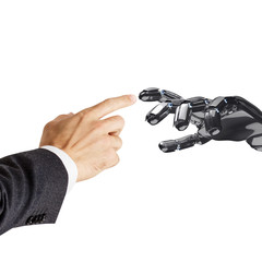 Human hand touching robotic hand. 3d rendering.
