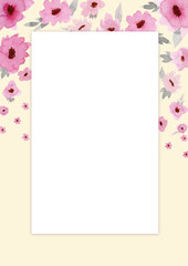 Flowers composition. Rectangular rose frame made of pink flowers and leaves with space for text.
