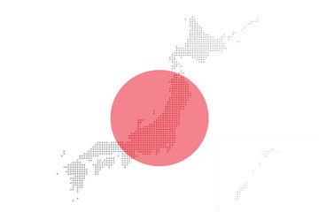 Obraz premium Japanese flag and Japan map composed of three-dimensional dots. 日本国旗と立体的なドットで構成された日本地図