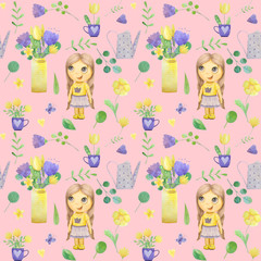 seamless pattern with cute watercolor illustration of girl and stylized flowers.