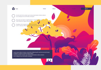 Naklejka premium Vector image of African landscape, Safari, tree with leaves, elephant silhouette, African motif, plants in the foreground