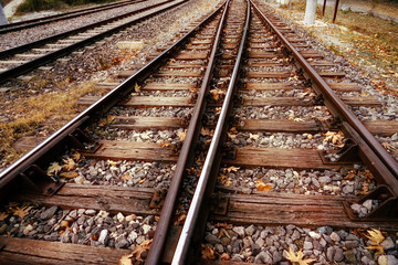Close up railroad tracks on countryside landscape