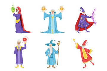 Flat vector set of gray-bearded wizards. Cartoon characters of old men s with magical powers. Elements for mobile game or children book