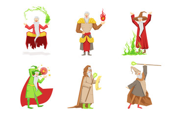 Flat vector set of fantasy wizards from children fairy tales. Old gray-bearded men s in different actions