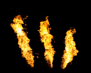 Three fire jets isolated on black background, flame stream
