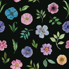 Seamless watercolor flowers pattern. Hand painted flowers for design. Colorful botanical pattern. Ornament flowers. Seamless botanical watercolor exotic floral pattern.