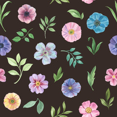 Seamless watercolor flowers pattern. Hand painted flowers for design. Colorful botanical pattern. Ornament flowers. Seamless botanical watercolor exotic floral pattern.