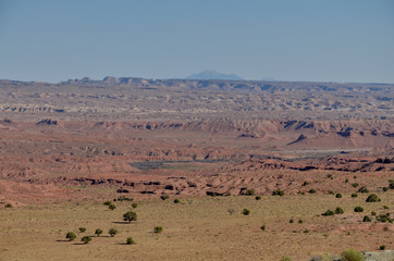 Fototapeta na wymiar scenic view of San Rafael Swell and Henry Mountains from Salt Wash View Area on Interstate 70 Highway (Emery county, Utah, USA)