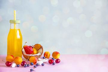 Summer light food of fruits, berries and cool drink background