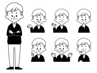 シニア男性-表情セット-白黒