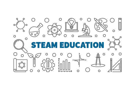 STEAM Education concept outline horizontal banner on white background. Vector illustration
