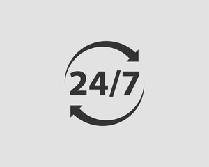 24/7 icon vector. 24 hour service clock.