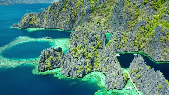 Aerial view of beautiful lagoons and limestone cliffs of Coron, Palawan, Philippines