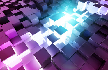 Glowing black blue and pink squares background pattern 3D rendering