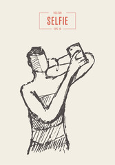 Girl takes pictures herself, selfie vector sketch