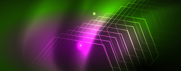 Techno glowing background, futuristic dark template with neon light effects and simple forms, vector